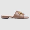 Replica Gucci Women’s Leather Slide Sandal with Horsebit Brown Leather