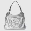 Replica Gucci Women GG Blondie Small Tote Bag Silver Lamé Leather Round Interlocking G