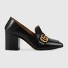 Replica Gucci Women Leather Mid-Heel Loafer Shoes-Black
