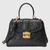 Replica Gucci Women Small GG Top Handle Bag Black Debossed Leather Double G