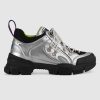 Replica Gucci Unisex Flashtrek Sneaker with Crystals in Silver Metallic Leather 5.6 cm Heel