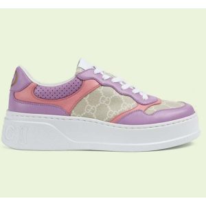 Replica Gucci Unisex GG Sneaker Pink Purple Beige Supreme Canvas Grey Perforated Leather 2