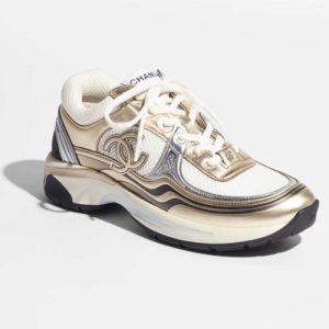 Replica Chanel Women CC Sneakers Fabric Laminated White Gold Silver 1 Cm Heel