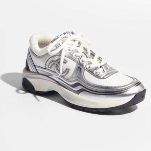 Replica Chanel Women CC Sneakers Fabric Laminated White Silver 1 Cm Heel