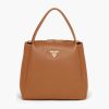 Replica Prada Women Medium Leather Handbag with the Prada Metal Lettering Logo Illuminating Its Center-Brown