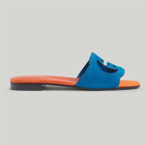 Replica Gucci Unisex Interlocking G Cut-Out Slide Sandal Blue Orange Suede Flat