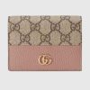 Replica Gucci Women GG Marmont Card Case Wallet Pink Double G Beige Ebony Supreme Canvas