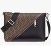 Replica Fendi Men Slim Messenger Textured Brown Fabric Bag FF Motif