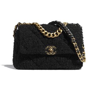 Replica Chanel Women Chanel 19 Large Flap Bag Tweed Gold-Silver-Tone & Ruthenium-Finish Metal Black