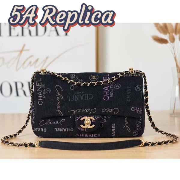 Replica Chanel CC Women Large Flap Bag Printed Denim Gold-Tone Metal Black Multicolor 4