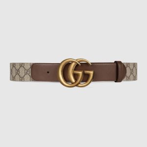 Replica Gucci Unisex GG Belt with Double G Buckle 4 cm Width GG Supreme Brown Leather