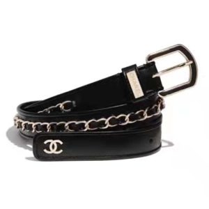 Replica Chanel Women Calfskin & Gold Metal & Belt 3 cm Width-Black
