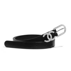 Replica Chanel Women Calfskin & Silver-Tone Metal & Strass Black Belt