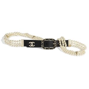 Replica Chanel Women Calfskin Glass Pearls & Gold-Tone Metal Black Belt
