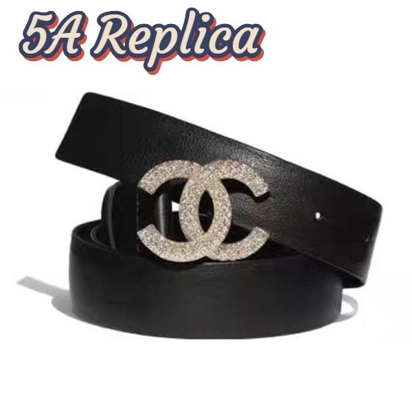 Replica Chanel Women Calfskin Gold-Tone Metal & Strass Belt Black