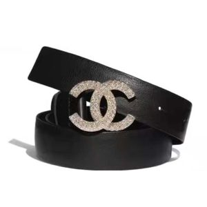 Replica Chanel Women Calfskin Gold-Tone Metal & Strass Belt Black 2