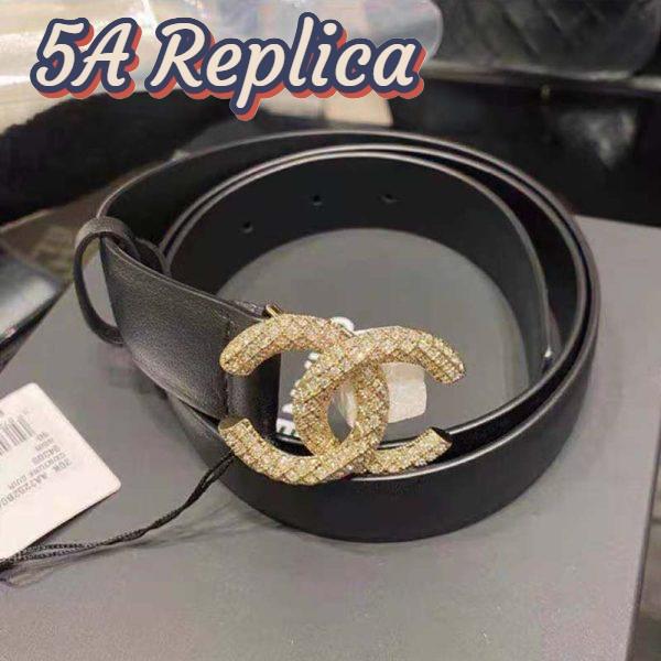 Replica Chanel Women Calfskin Gold-Tone Metal & Strass Belt Black 4