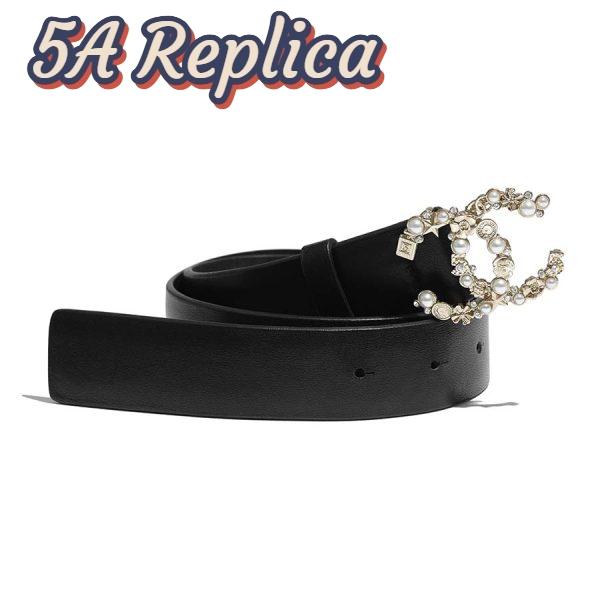 Replica Chanel Women Calfskin Gold-Tone Metal Glass Pearls Strass & Resin Belt-Black