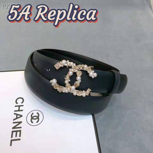Replica Chanel Women Calfskin Gold-Tone Metal Glass Pearls Strass & Resin Belt-Black 5