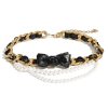 Replica Chanel Women Metal Glass Pearls & Calfskin Gold Pearly White & Black Belt
