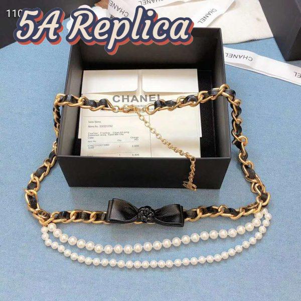 Replica Chanel Women Metal Glass Pearls & Calfskin Gold Pearly White & Black Belt 3