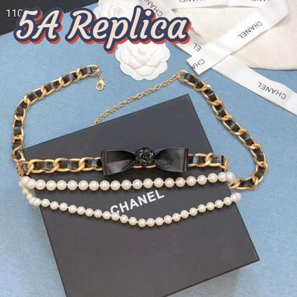 Replica Chanel Women Metal Glass Pearls & Calfskin Gold Pearly White & Black Belt 4