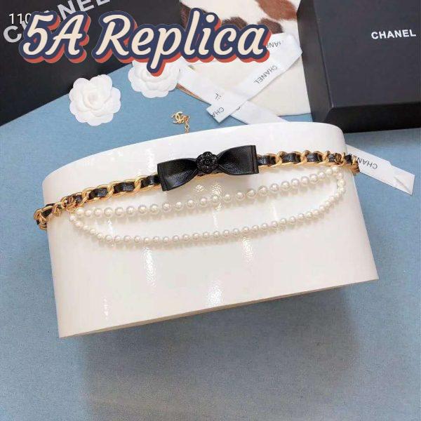 Replica Chanel Women Metal Glass Pearls & Calfskin Gold Pearly White & Black Belt 6
