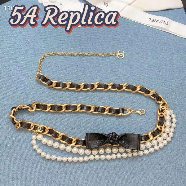 Replica Chanel Women Metal Glass Pearls & Calfskin Gold Pearly White & Black Belt 8