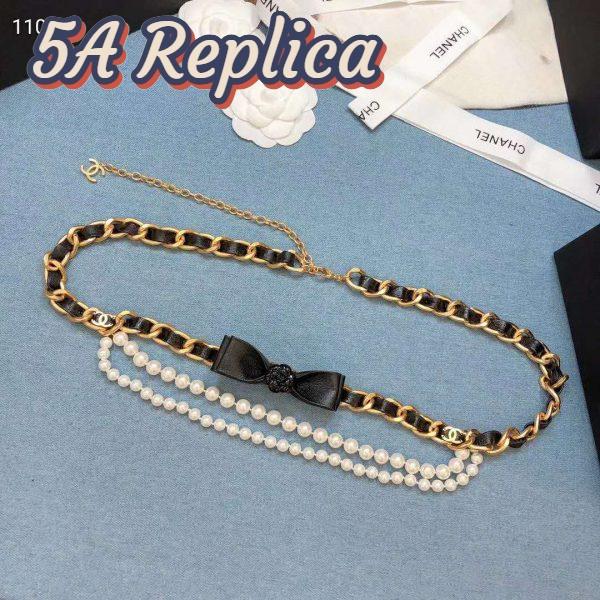 Replica Chanel Women Metal Glass Pearls & Calfskin Gold Pearly White & Black Belt 9