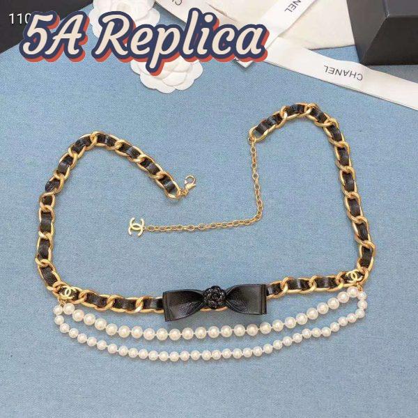 Replica Chanel Women Metal Glass Pearls & Calfskin Gold Pearly White & Black Belt 10
