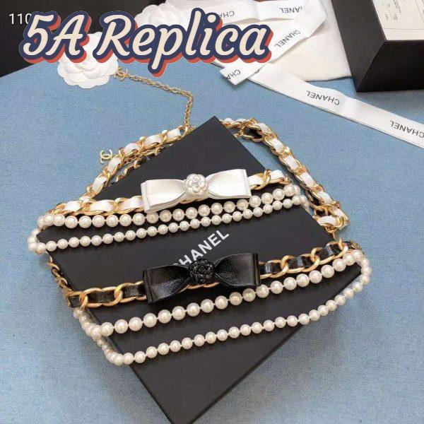 Replica Chanel Women Metal Glass Pearls & Calfskin Gold Pearly White & Black Belt 11