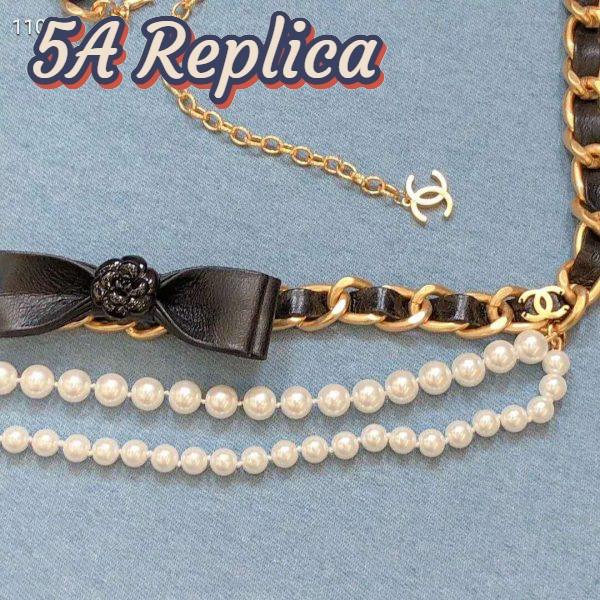 Replica Chanel Women Metal Glass Pearls & Calfskin Gold Pearly White & Black Belt 13
