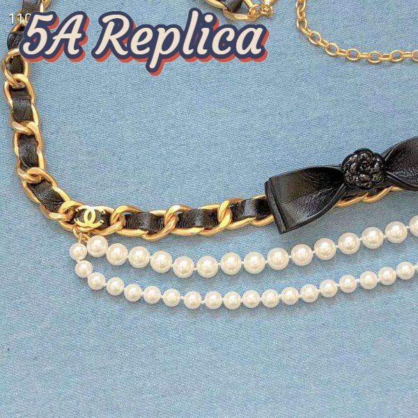 Replica Chanel Women Metal Glass Pearls & Calfskin Gold Pearly White & Black Belt 14