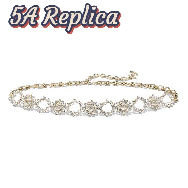 Replica Chanel Women Metal Glass Pearls Strass & Resin Belt-Gold 2