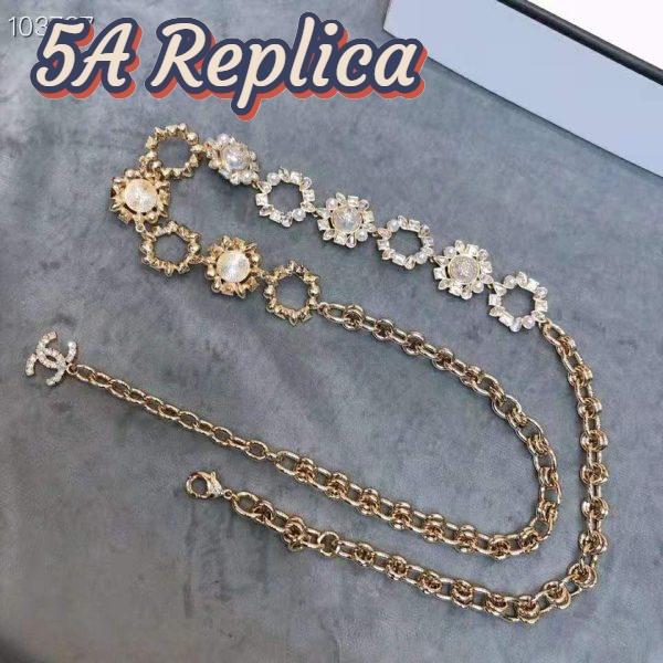 Replica Chanel Women Metal Glass Pearls Strass & Resin Belt-Gold 4