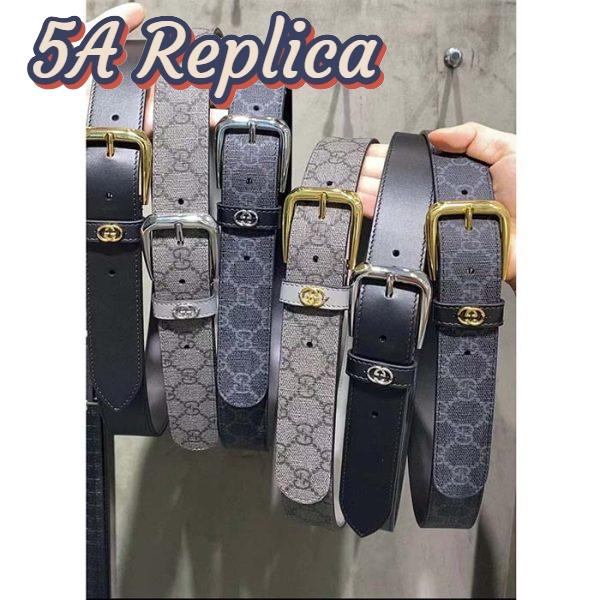 Replica Gucci GG Unisex Belt Interlockig G Grey Black GG Supreme Canvas Leather Square Buckle 9