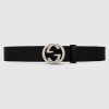 Replica Gucci GG Unisex Buckle Wide Belt Black Leather Double G 4 CM Width 12