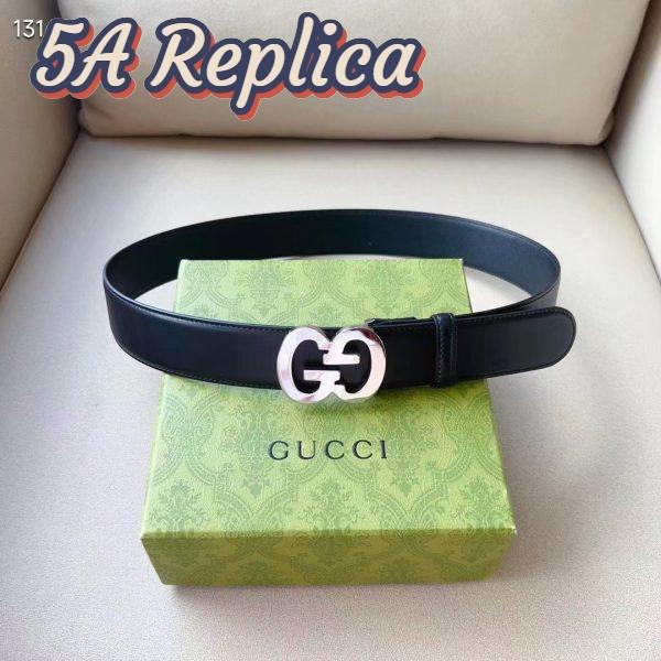Replica Gucci GG Unisex Buckle Wide Belt Black Leather Double G 4 CM Width 3