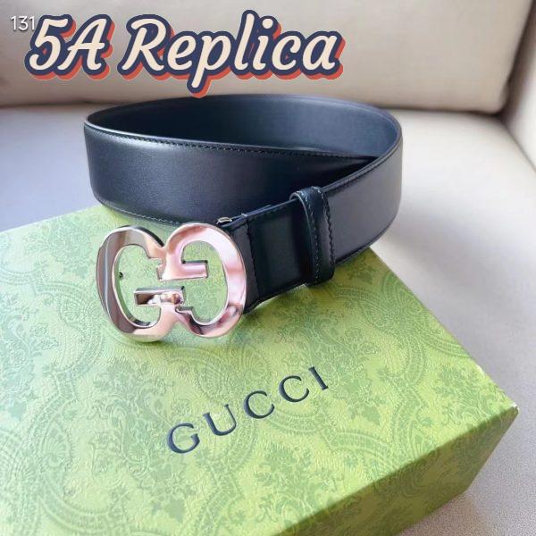 Replica Gucci GG Unisex Buckle Wide Belt Black Leather Double G 4 CM Width 8