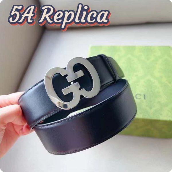 Replica Gucci GG Unisex Buckle Wide Belt Black Leather Double G 4 CM Width 9
