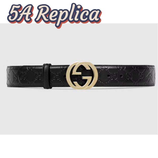 Replica Gucci Unisex GG Signature Leather Belt Interlocking G Buckle Gold Hardware 4 cm Width