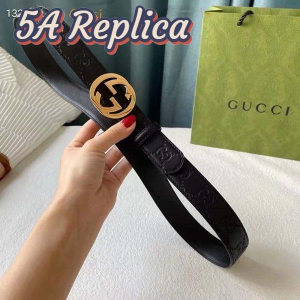 Replica Gucci Unisex GG Signature Leather Belt Interlocking G Buckle Gold Hardware 4 cm Width 4
