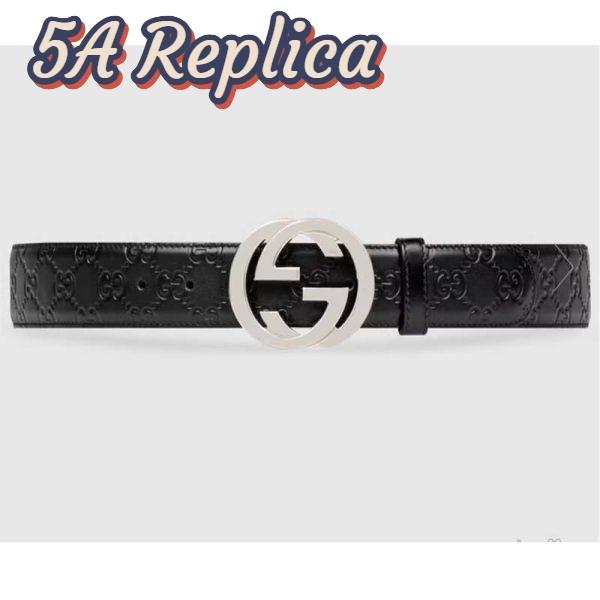 Replica Gucci Unisex GG Signature Leather Belt Interlocking G Buckle Silver Hardware 4 cm Width