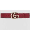 Replica Gucci Unisex Leather Belt Pearl Double G Red 3.8 CM Width