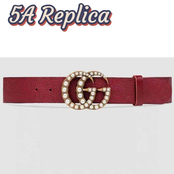 Replica Gucci Unisex Leather Belt Pearl Double G Red 3.8 CM Width 2