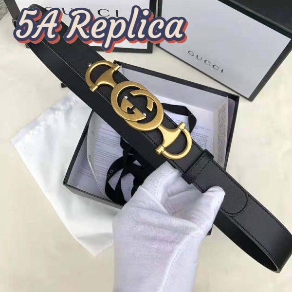 Replica Gucci Unisex Leather Belt with Interlocking G Horsebit-Black 5