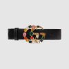 Replica Gucci Women Leather Belt with Crystal Double G Buckle in Black