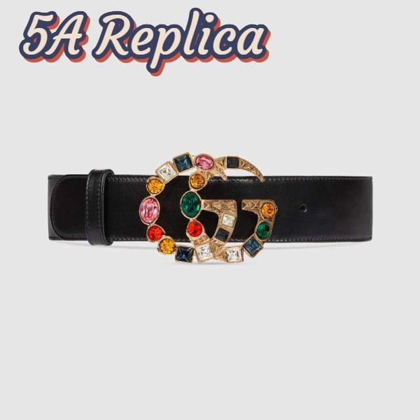 Replica Gucci Women Leather Belt with Crystal Double G Buckle in Black 2