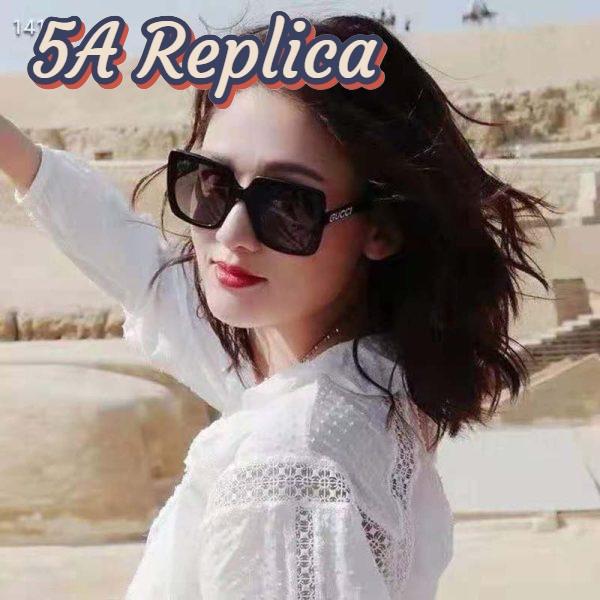 Replica Gucci Unisex Rectangular-Frame Acetate Sunglasses Shiny Black Acetate Temples Crystals 5