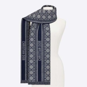 Replica Dior Women Cannage Scarf Navy Blue and Gray Cashmere and Virgin Wool